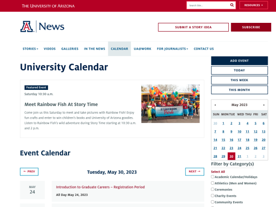 screenshot of University Calendar webpage